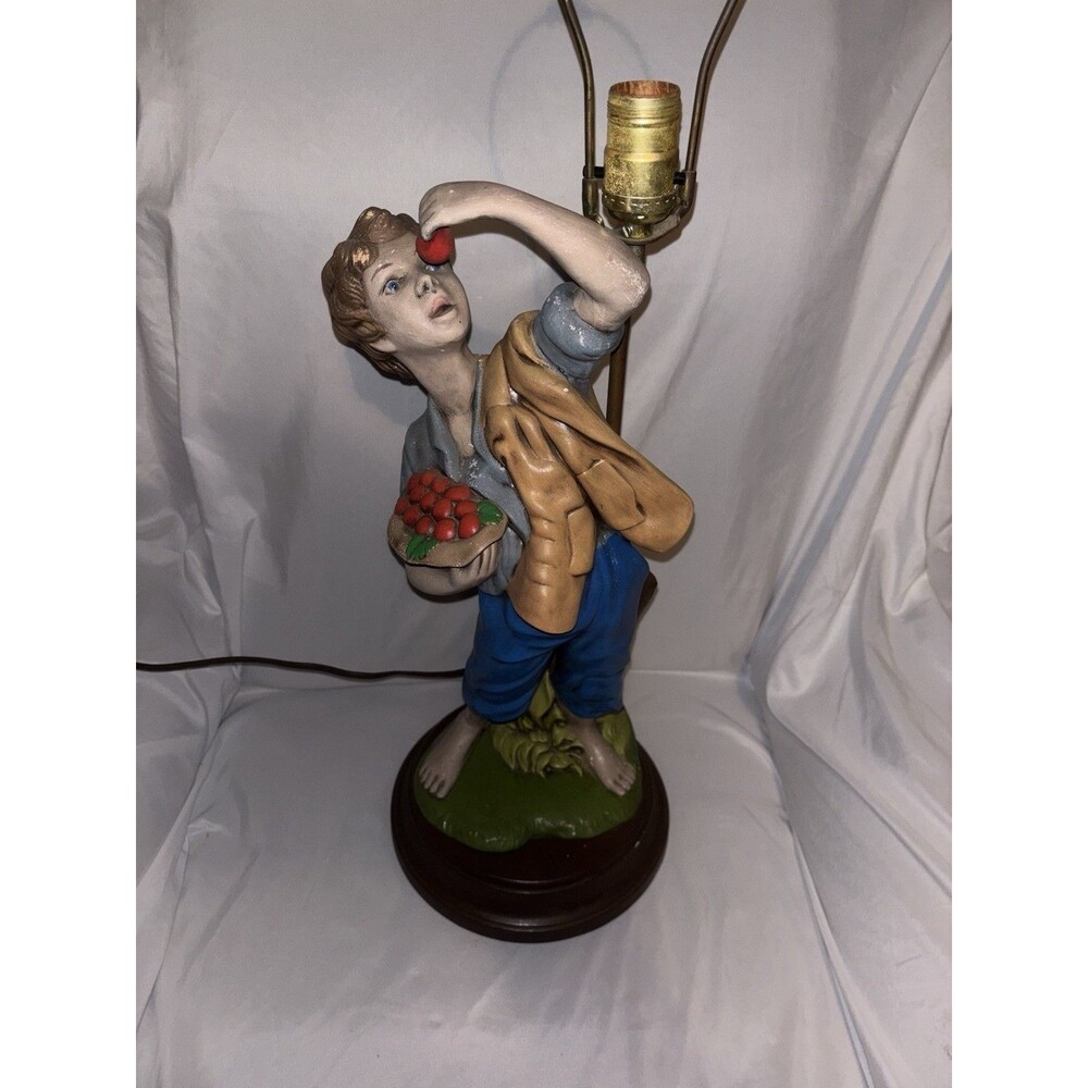 VTG 1970s Atlantic Mold Lamp Ceramic Chalkware Boy w/Cherries in Basket Figurine